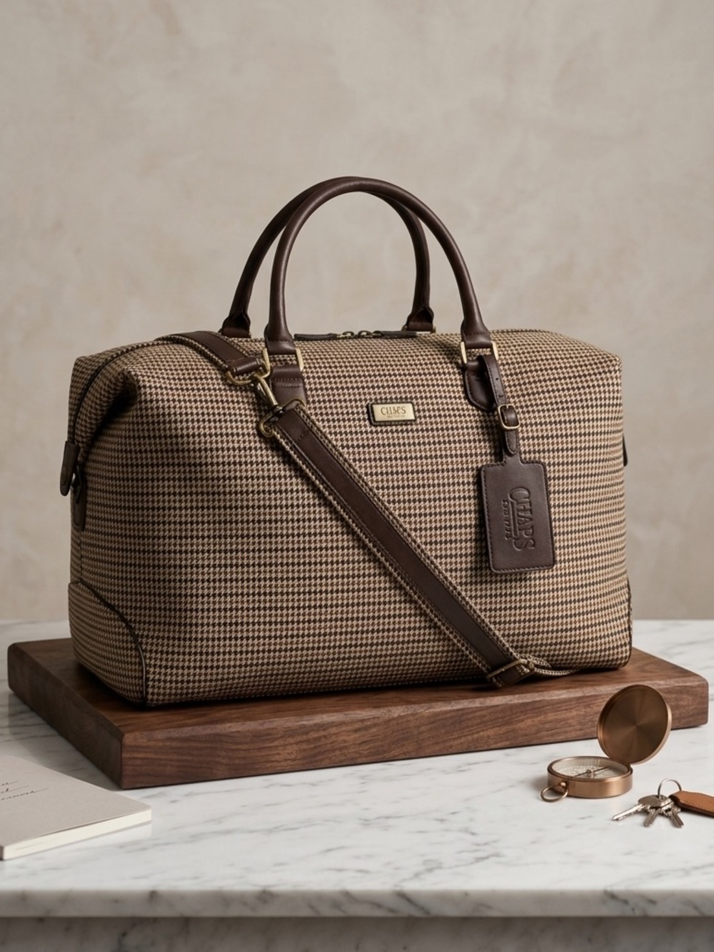 Chaps Tan and Brown Houndstooth Travel Weekend Duffel Bag
